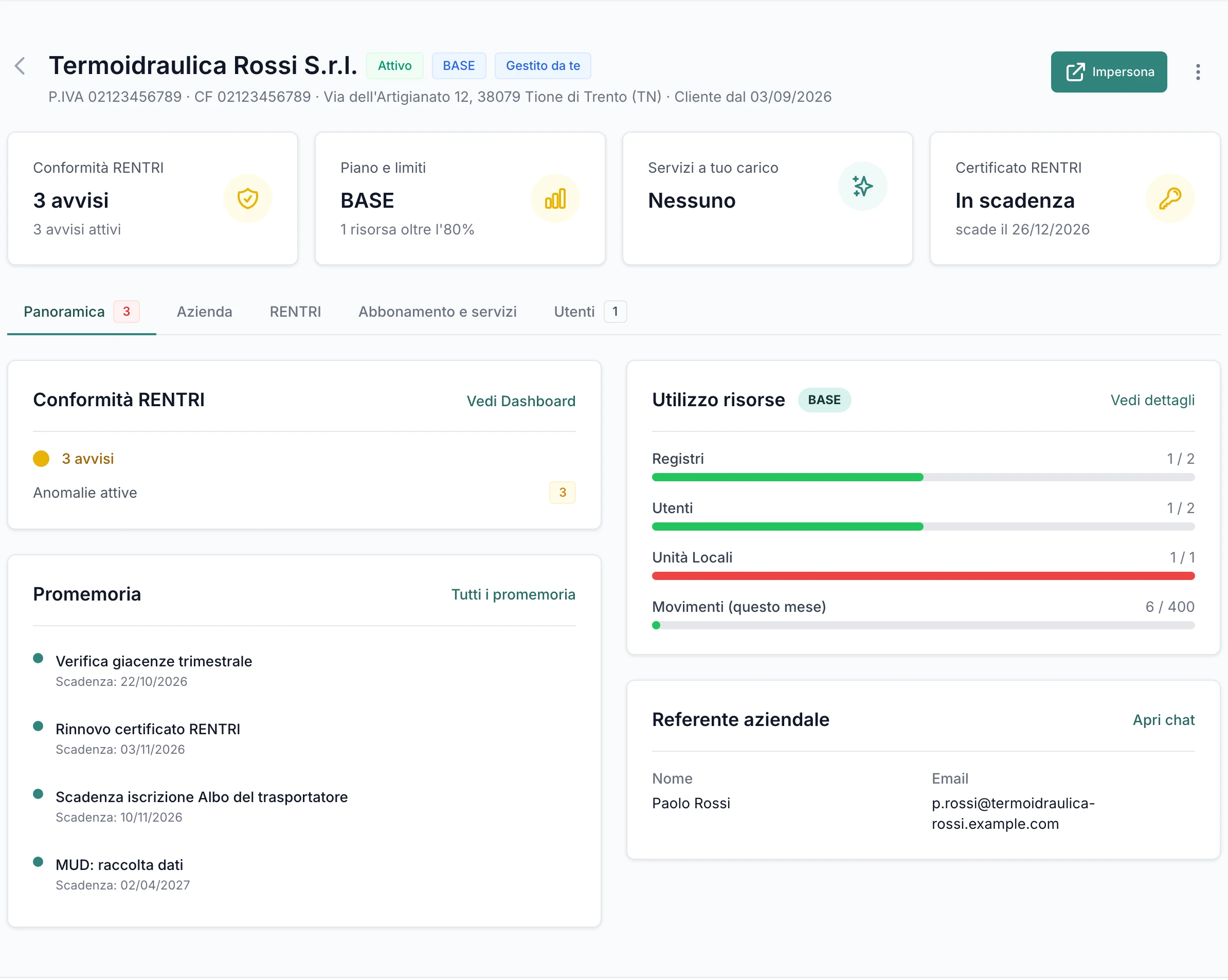Schermata di BetterWaste per consulenti: scheda di un cliente con conformità RENTRI, piano, certificato RENTRI, utilizzo delle risorse e promemoria.