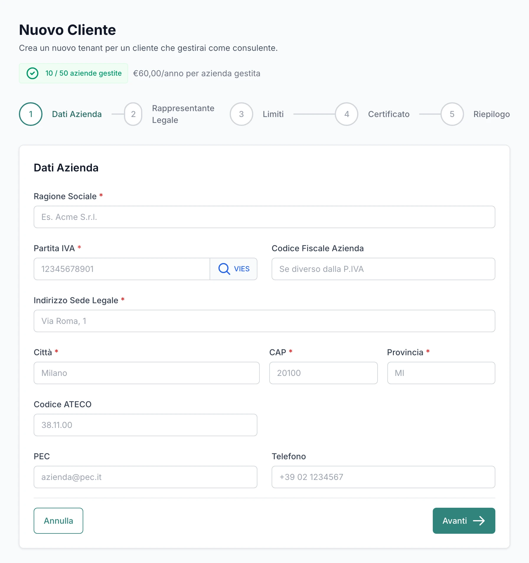 Schermata di BetterWaste per consulenti: creazione guidata di un nuovo cliente in cinque passi, dal primo passo con i dati dell'azienda.